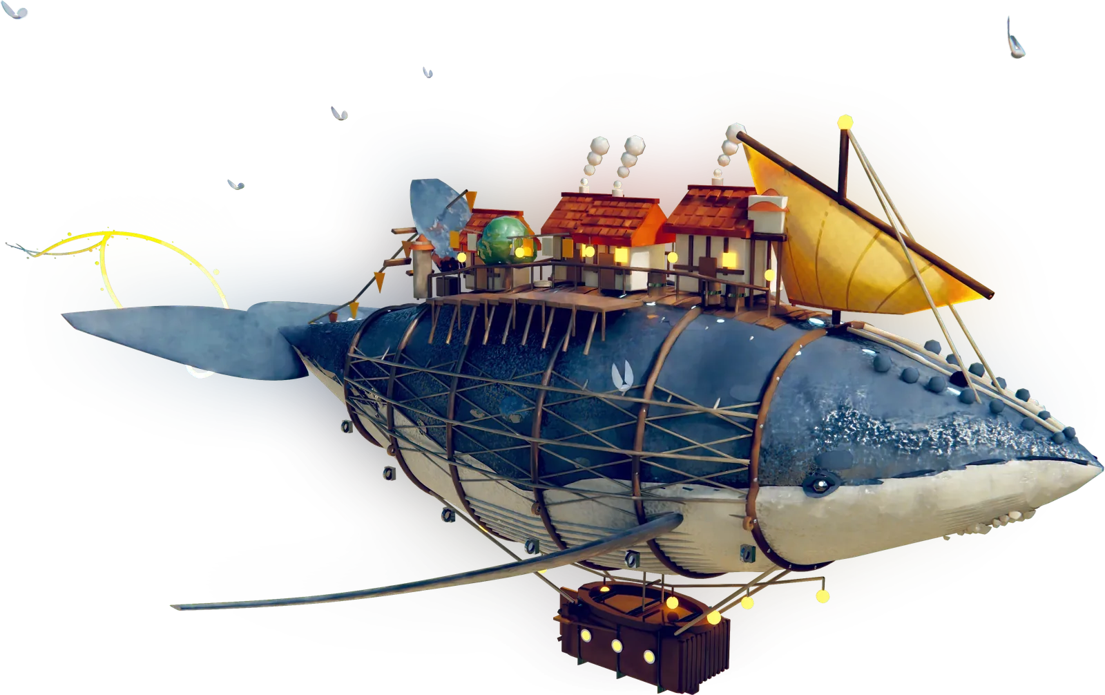 Airship whale with a village on its back, modeled in Halcyon Studio