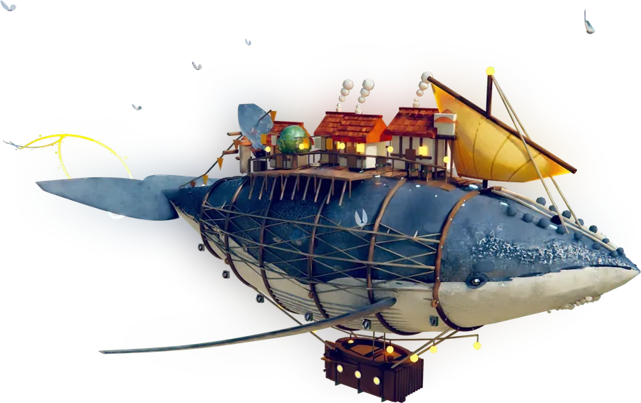 Airship whale with a village on its back, modeled in Halcyon Studio